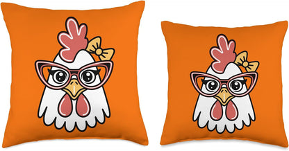 Cute Chicken Face with Glasses and Yellow Bow Throw Pillow