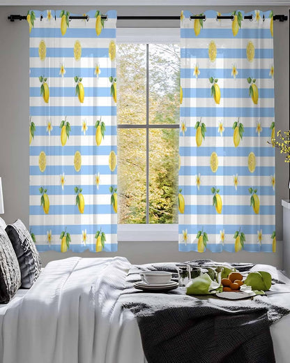 Summer Fruit Sheer Curtains 48 Inches Long 2 Panels Set, Watercolor Yellow Lemon Rustic Flower Plate Blue Stripes Chiffon Sheer Backdrop Curtains Sheer Curtain Panels for Bedroom Living Room 52x45in