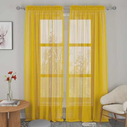 Yellow Sheer Curtains 90 inches Long Sheers Living Room Voile Bedroom Kitchen Basement Linen Textured Window Curtain Panels Drapes Light Filtering Rod Pocket 2 Panels 52"x90"