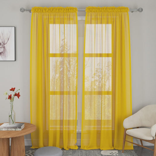 Yellow Sheer Curtains 90 inches Long Sheers Living Room Voile Bedroom Kitchen Basement Linen Textured Window Curtain Panels Drapes Light Filtering Rod Pocket 2 Panels 52"x90"