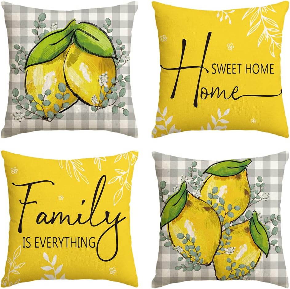 AVOIN colorlife Summer Lemon Buffalo Plaid Throw Pillow Covers, 18 x 18 Inch Home Sweet Home Family is Everything Cushion Case for Sofa Couch Set of 4