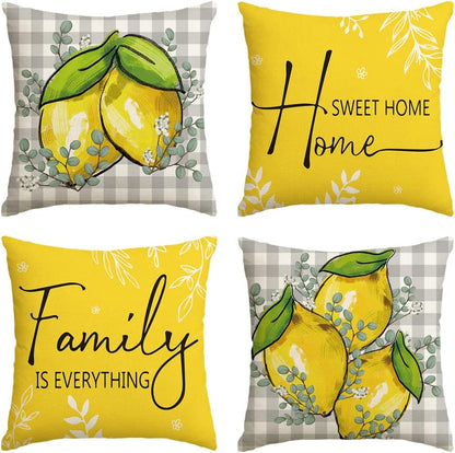 AVOIN colorlife Summer Lemon Buffalo Plaid Throw Pillow Covers, 18 x 18 Inch Home Sweet Home Family is Everything Cushion Case for Sofa Couch Set of 4