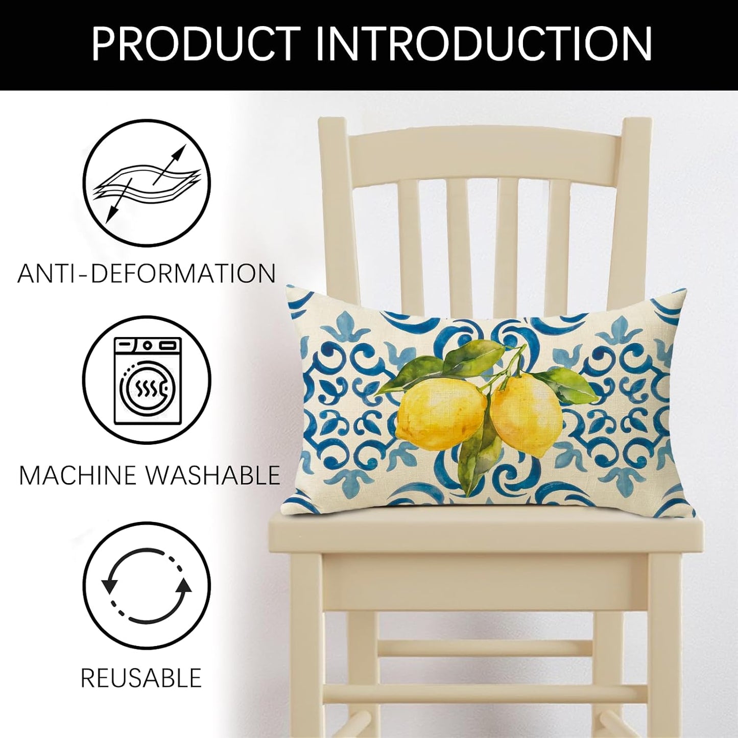 Blue Lemon Lumbar Decorative Throw Pillow Cover 12 x 20, Rectangular Amalfi Coast Citrus Italy Tile Pattern Outdoor Home Decor, Summer Mediterranean Couch Cushion Case Housewarming Gift