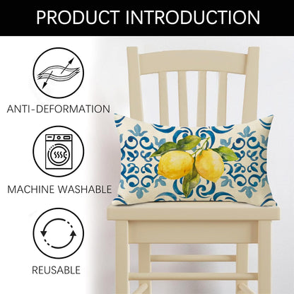 Blue Lemon Lumbar Decorative Throw Pillow Cover 12 x 20, Rectangular Amalfi Coast Citrus Italy Tile Pattern Outdoor Home Decor, Summer Mediterranean Couch Cushion Case Housewarming Gift
