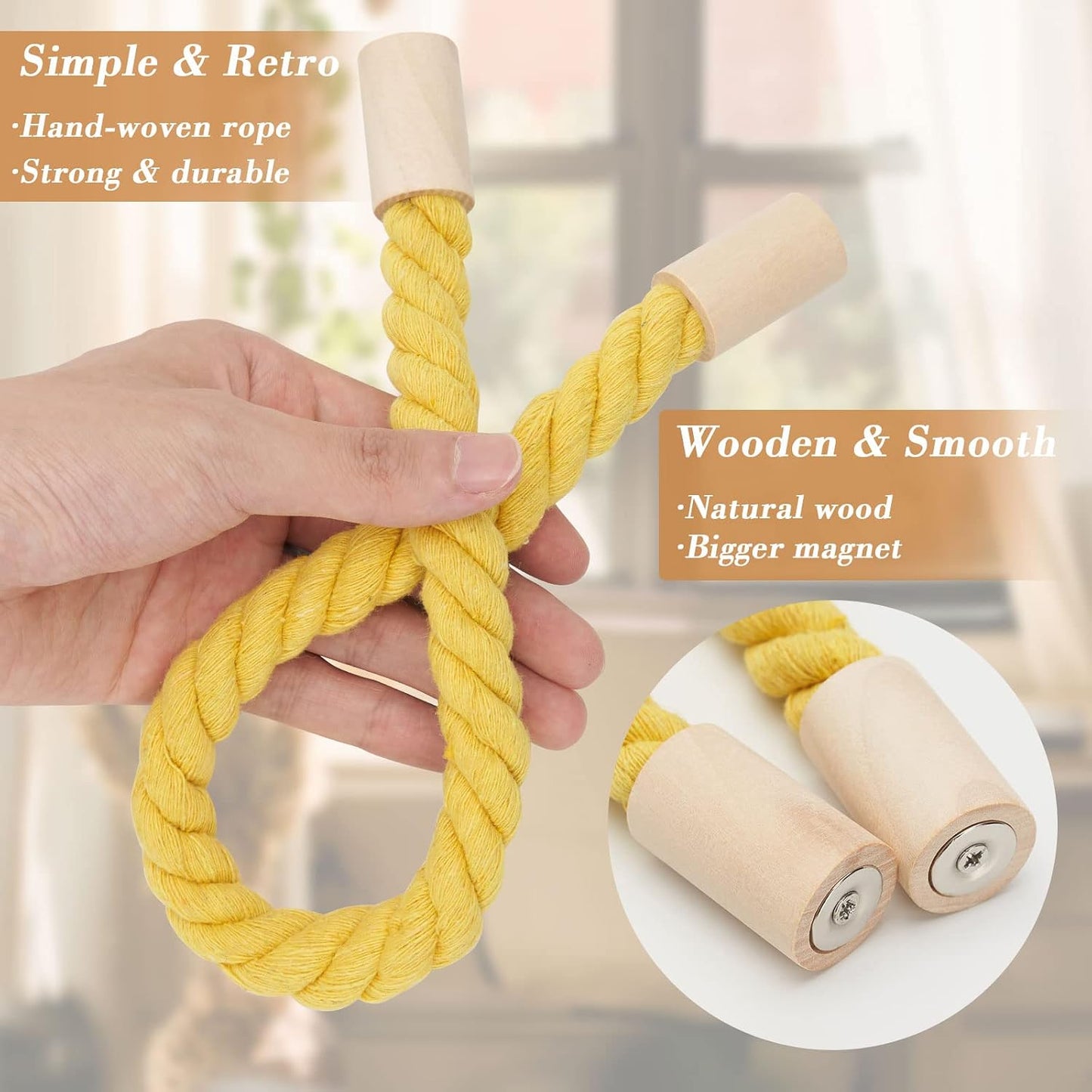 NICEEC 2 Pack Wooden Magnetic Curtain Tiebacks Boho Home Decoration Drape Tie Backs Natural Cotton Handmade Rope Curtain Holdbacks for Thin or Thick Home & Office Window Drapery (Yellow)