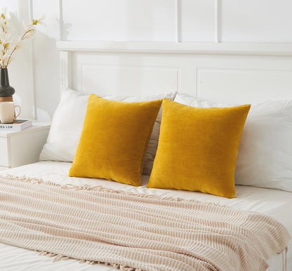 Throw Pillow Covers Mustard Yellow Set of 2 18x18 Inch Fall Pillow Covers, Soft Velvet Farmhouse Neutral Decorative Pillowcases for Couch Sofa Bed, Home Boho Decor, Modern Cushion Covers