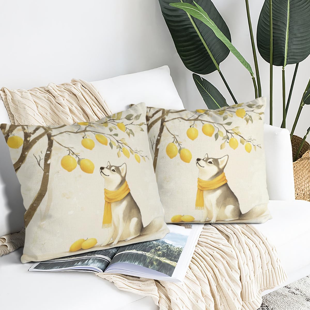 Spring Summer Lemon Pillow Covers Husky Pillowcase 14x14 Inch Throw Pillows Farmhouse Cushion Case for Sofa Couch Set of 2