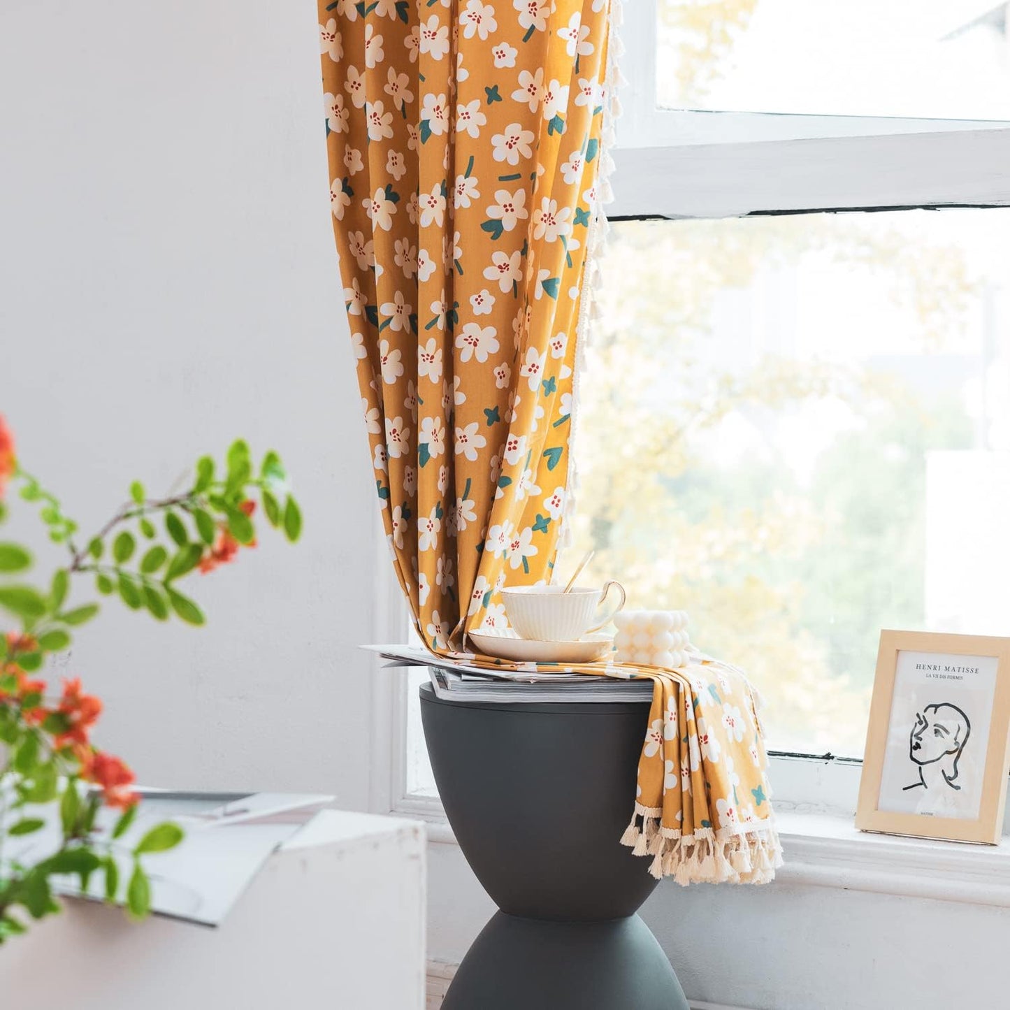 Deeprove Boho Curtain 84 Inch Length, Farmhouse Yellow Florals Print, Cotton Linen Tassels Rod Pocket Semi Blackout Rustic Bohemian Country Window Treatment for Nursery Bedroom 1 Panel, 55''W x 84''L