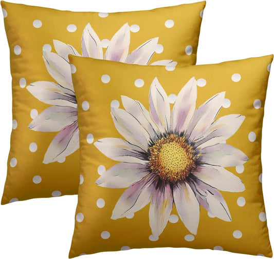 18"x18" Watercolor Daisy Flower Pillow Covers Set of 2 White Yellow Polka Dots Cotton Throw Cushion Cover Spring Summer Floral Square Pillowcases for Sofa Couch Indoor Outdoor Decor