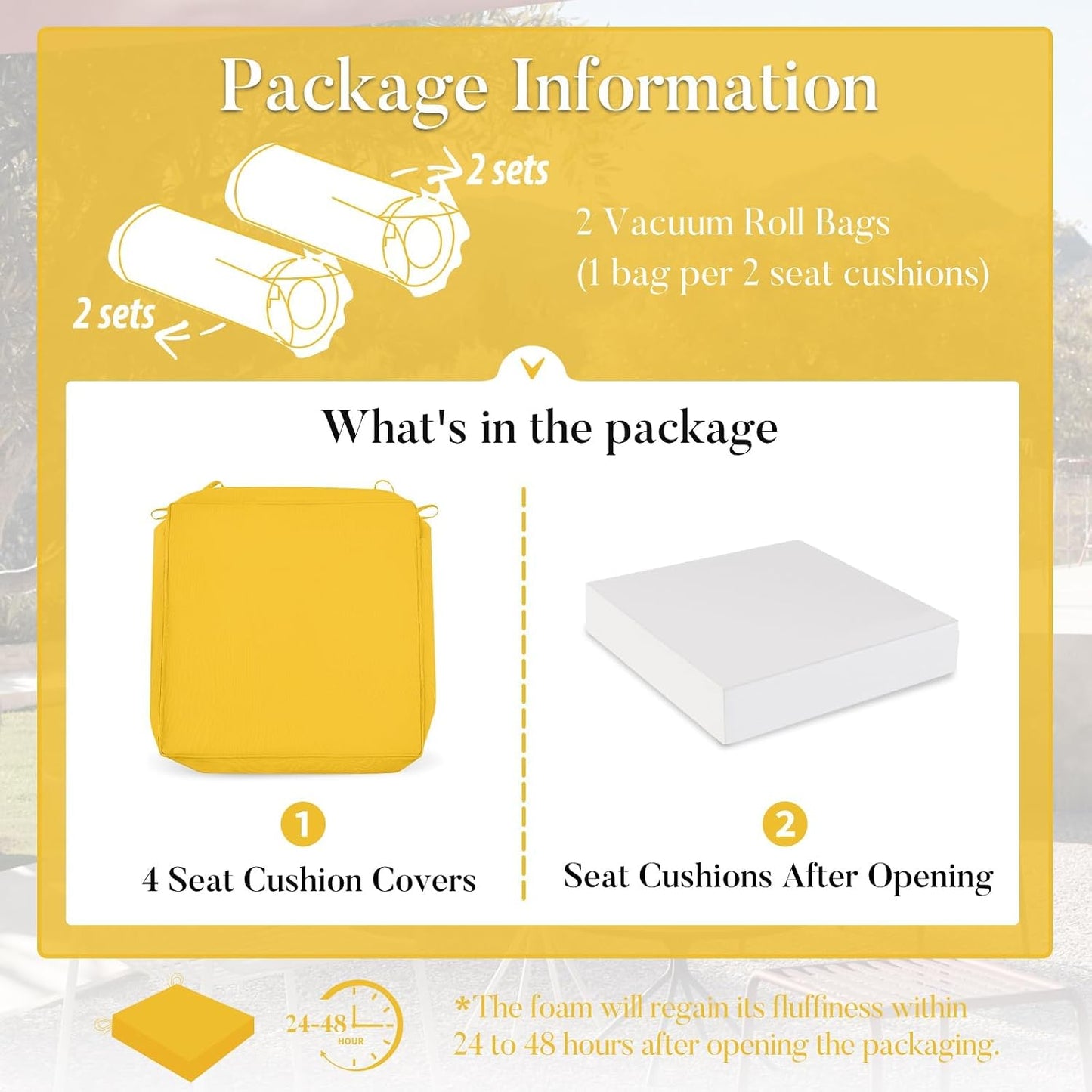 Basic Beyond Outdoor Chair Cushions for Patio Furniture, Waterproof Outdoor Seat Cushions Set of 4 19 x 19, Patio Chair Cushions Set of 4 with Ties and Handle, Yellow