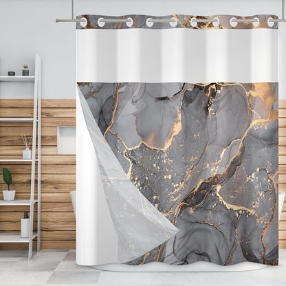 Gray Yellow Marble No Hook Shower Curtain with Snap in Liner Stylish Texture Shower Curtains for Luxury Hotel Grade Spa Bathroom Decor Double Layer Bathtubs Hotel Curtain Set 71x74 Inch