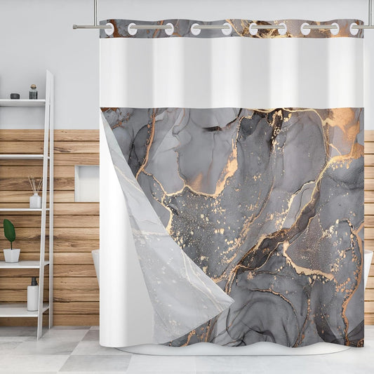 Gray Yellow Marble No Hook Shower Curtain with Snap in Liner Stylish Texture Shower Curtains for Luxury Hotel Grade Spa Bathroom Decor Double Layer Bathtubs Hotel Curtain Set 71x74 Inch