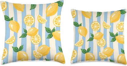 Retro Blue Stripes Lemon Tropical Summer Citrus Decorations Throw Pillow