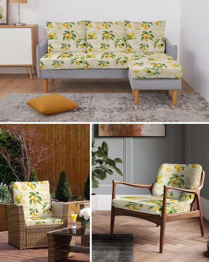 Yellow Lemons Stretch Couch Sofa Cushion Covers,Summer Botanical Fruit Leaves Country Sectional/Individual/L/T Shape Sofa Couch Slipcover Armchair Slip Cover Protector with Elastic Bottom,M,1-PC