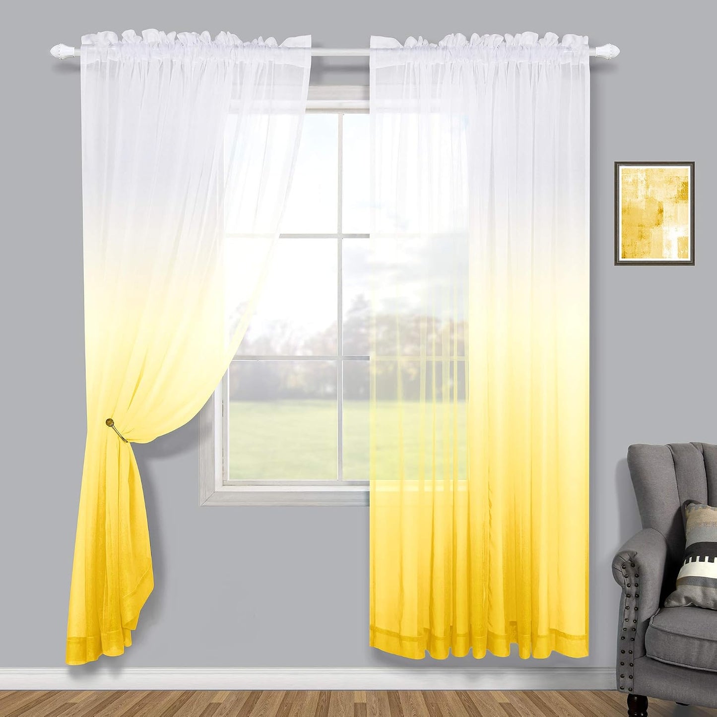 KOUFALL Spring Yellow Sheer Curtains 84 Inches Long, Bright Yellow and White Summer Curtains for Living Room, 2 Panel Set, Lemon Yellow