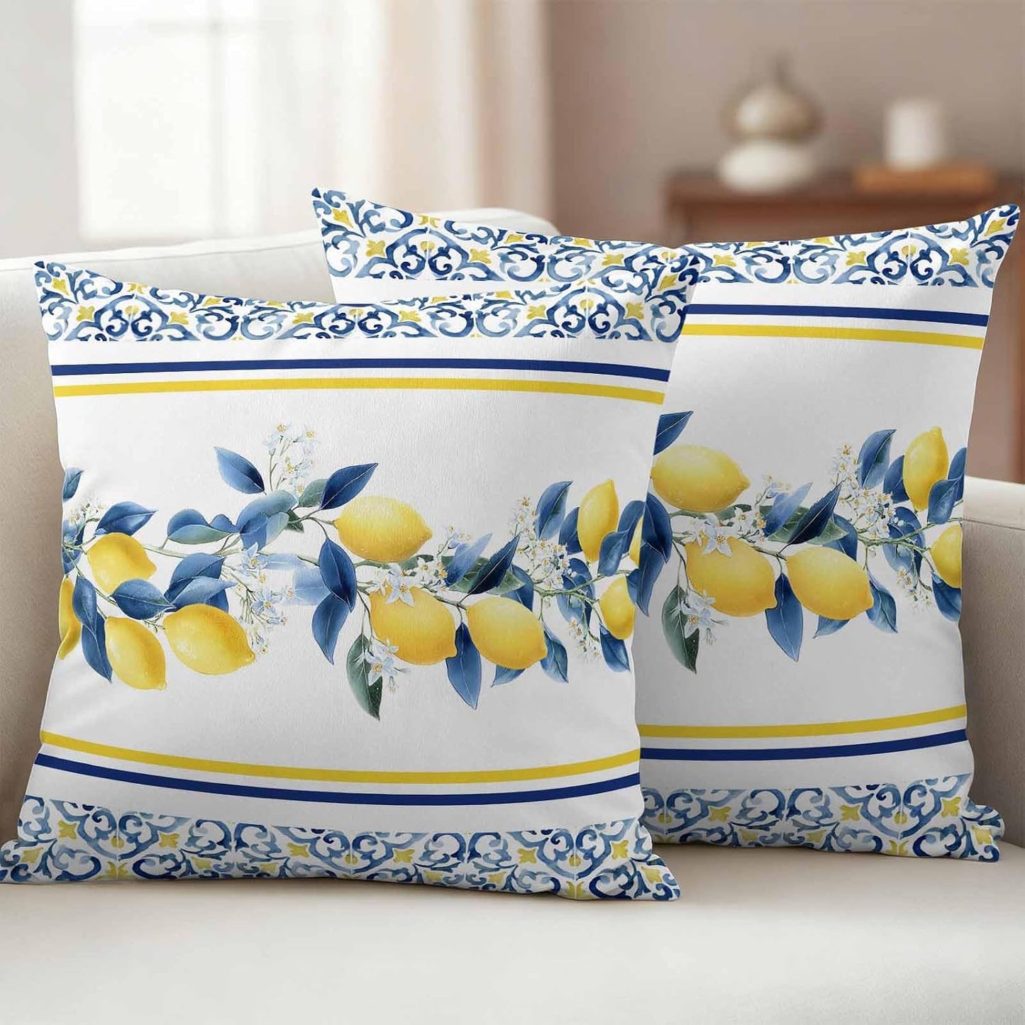 Summer Lemon Outdoor Pillow Covers Pack of 2 Lemon Flower Mediterranean Waterproof Garden Farmhouse Cushion Cases Decorative for Patio Furniture Balcony Couch Sofa 20 x 20 Inch