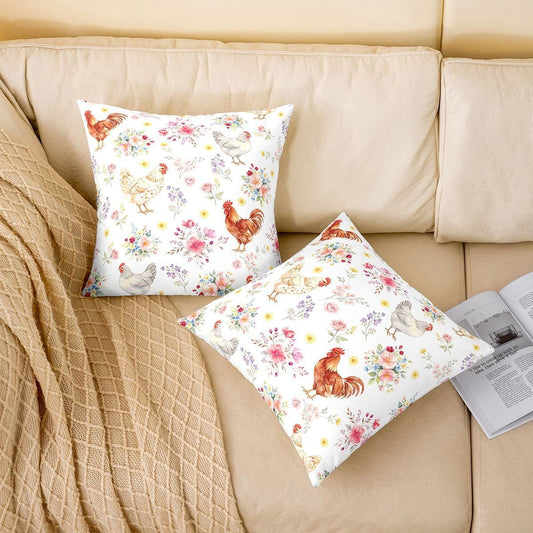 Manfei Chick Pattern Throw Pillow Cover Colorful Flowers Cushion Case Country-Style Pillow Cover for Living Room,Yellow Pinik Soft Pillowcases,22x22 Inches