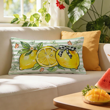 Spring Summer Lemon Lumbar Decorative Throw Pillow Cover 12 x 20, Rectangular Citrus Fruit Plaid Bow Outdoor Home Decor, Green Striped Butterfly Farmhouse Sofa Couch Cushion Case