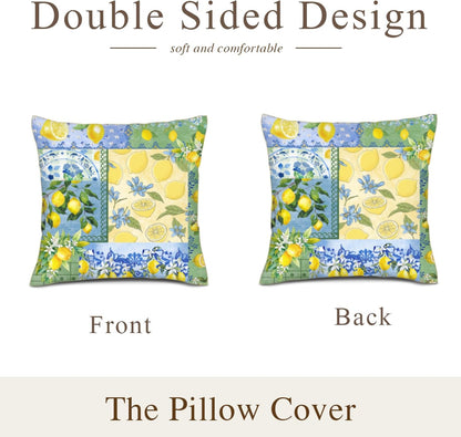 Lemon Throw Pillow Covers,Retro Patchwork Style Rustic Yellow Fruit Summer Plant Pattern Blue White Ceramic Tile Printed Pillow Cases Outdoor Sofa Cushion Cover for Living Room,16 "x16