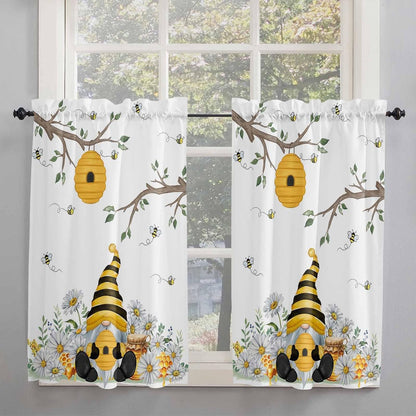 Yellow Gnomes Small Window Curtains 45 Inch Length, Bees Spring Floral Daisy Branches Rod Pocket Window Treatment Kitchen Drapes for Bedroom, Cafe, Living Room, 2 Panels, 27.5 W x 45 L