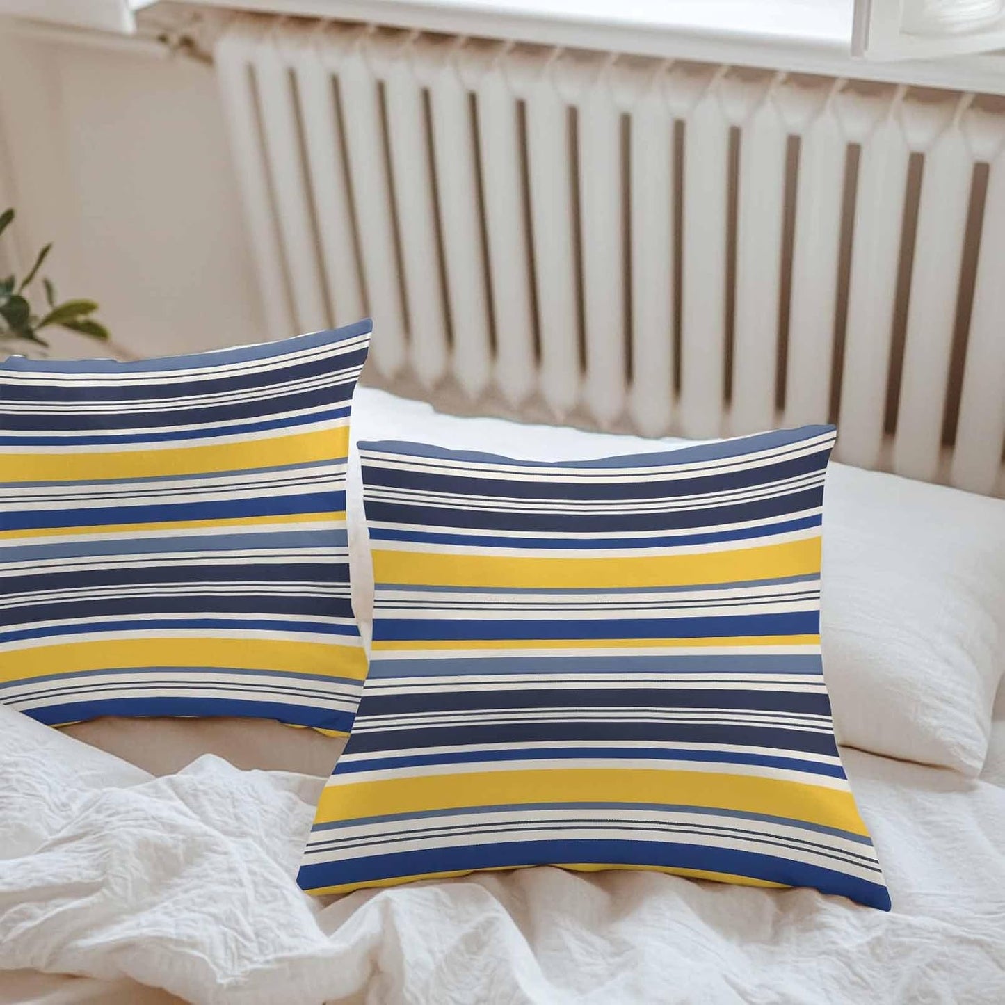 Outdoor Waterproof Throw Pillow Covers Set of 2 Yellow Stripes Lines Pillowcases 18x18 Inches Navy Blue Classic Striped Decorative Pillows Cushion Case Patio Pillows for Couch Bed Chair Garden
