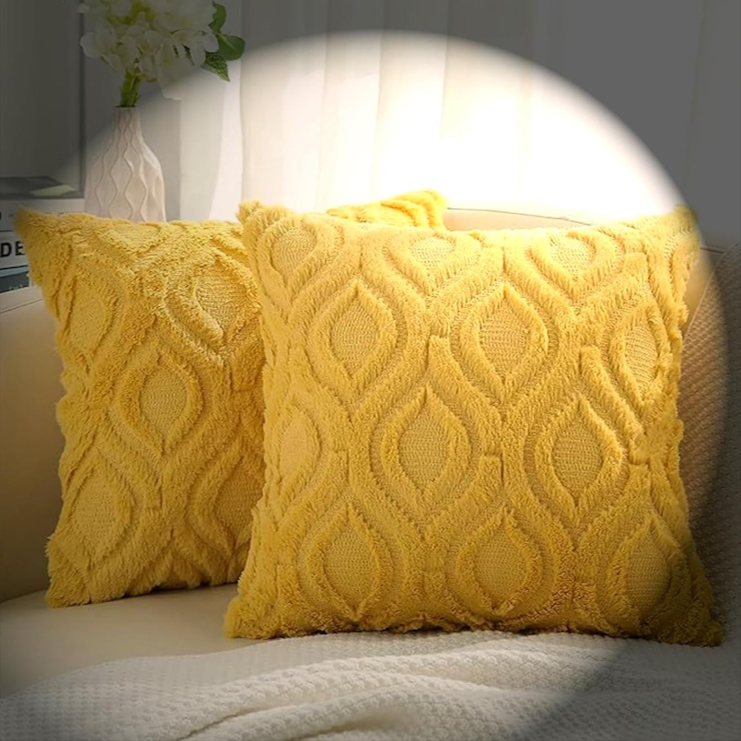 Throw Pillow Covers 18"x18" Set of 2, Decorative Pillow Covers for Autumn Harvest Holiday Accent Pillow Cases, Faux Fur Pillow Covers for Couch Bed Room (Lemon Yellow,18"*x18 2pcs)