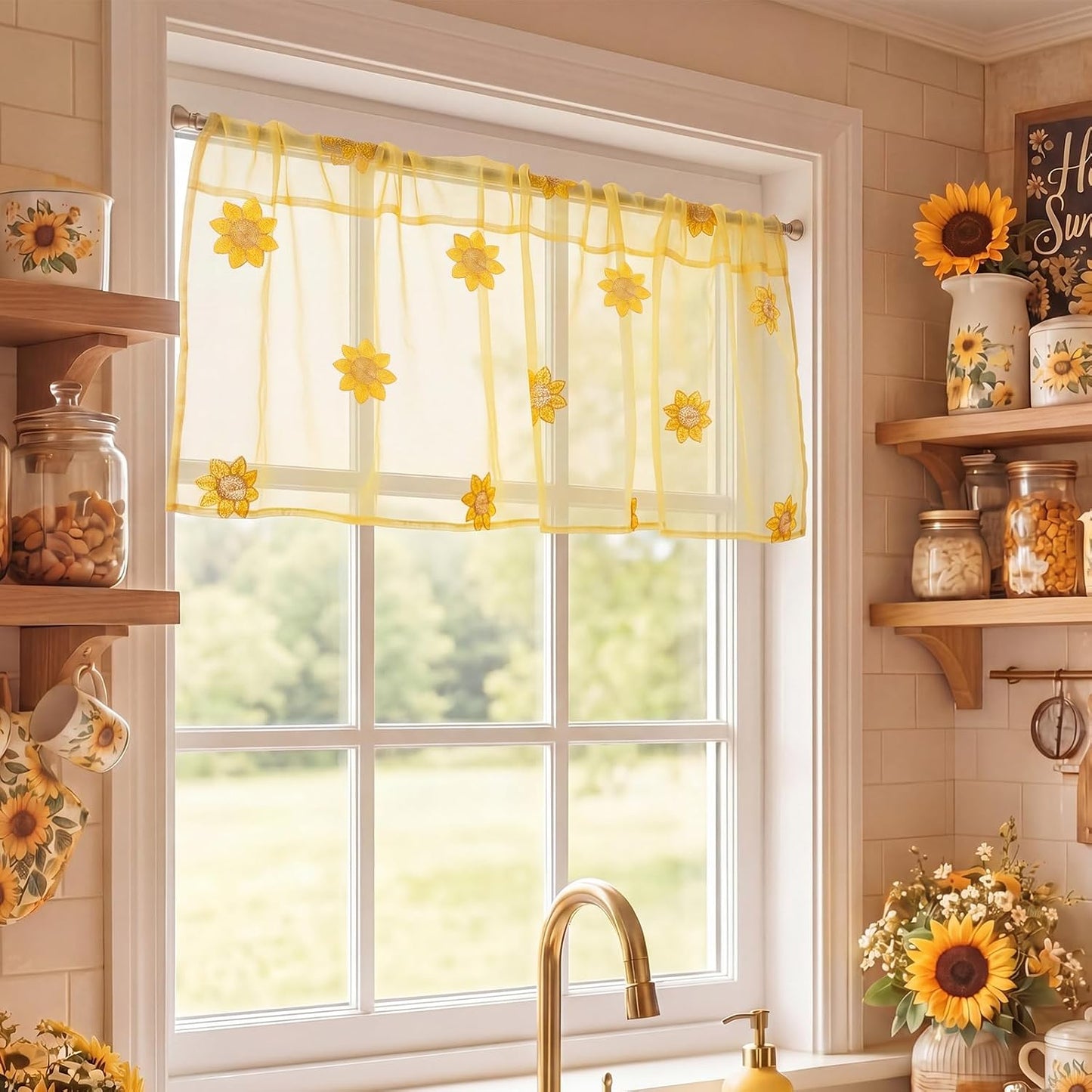 Tegeme 1 Panel Yellow Sunflowers Sheer Valances for Windows 52 x 18 Inch Embroidered Decorative Valances Curtain for Small Window Kitchen Bathroom Living Room Rod Pocket Voile Curtain Decor