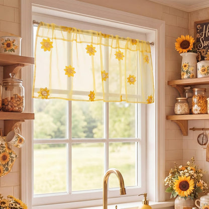 Tegeme 1 Panel Yellow Sunflowers Sheer Valances for Windows 52 x 18 Inch Embroidered Decorative Valances Curtain for Small Window Kitchen Bathroom Living Room Rod Pocket Voile Curtain Decor