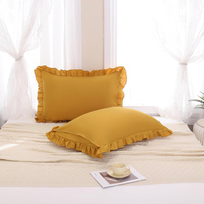 Merryword Mustard Yellow Pillowcases King Pillowcases Set of 2 Ruffle Pillow Shams Cute Pillow Covers Solid Ruffled Fringe Design Yellow Shabby Chic Pillowcases 2 Pack