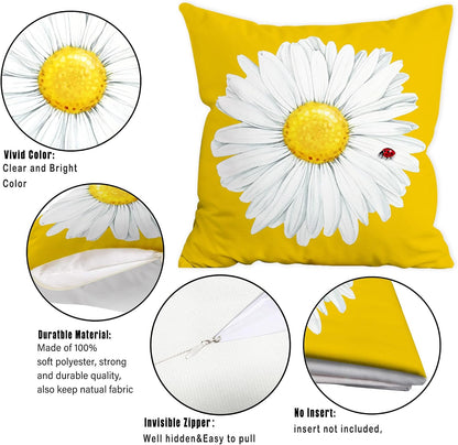 Hexagram Summer Throw Pillow Covers, Outdoor Daisy Decorative 18x18 Pillow Cover, Yellow Farmhouse Cushion Throw Pillows Covers for Couch Indoor Summer Home Decor(No Insert)