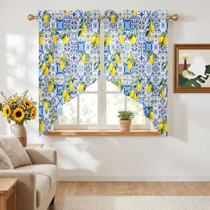 Summer Boho Lemon Swag Valances for Windows Watercolor Yellow Lemon Leaf Blue Floral Plaid Semi Sheer Valance Curtains Voile Swags Topper Curtain for Kitchen Living Room Bedroom, 2 Panels, 36x36 Inch