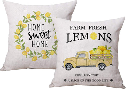 ULOVE LOVE YOURSELF 2pack Fresh Lemons Truck Throw Pillow Covers Summer Farmhouse Square Decorative Pillowcases Home Sweet Home Lemons Decorations 18×18 Inch for Sofa,Couch,Bed,Patio