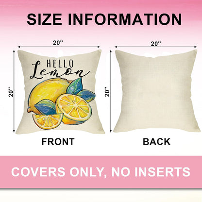 Hello Summer Lemon Decorative Throw Pillow Covers 20 x 20 Set of 4, Summer Vibes Fruit Pink Yellow Cushion Case Decor, Seasonal Home Decoration for Sofa Couch