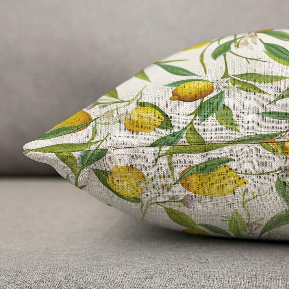 HOSNYE Lemon Throw Pillow Cover Fruits and Leaves Floral Linen Fabric for Couch Bed Sofa Car Waist Cushion Cover 12 x 20 inch Pillow Case