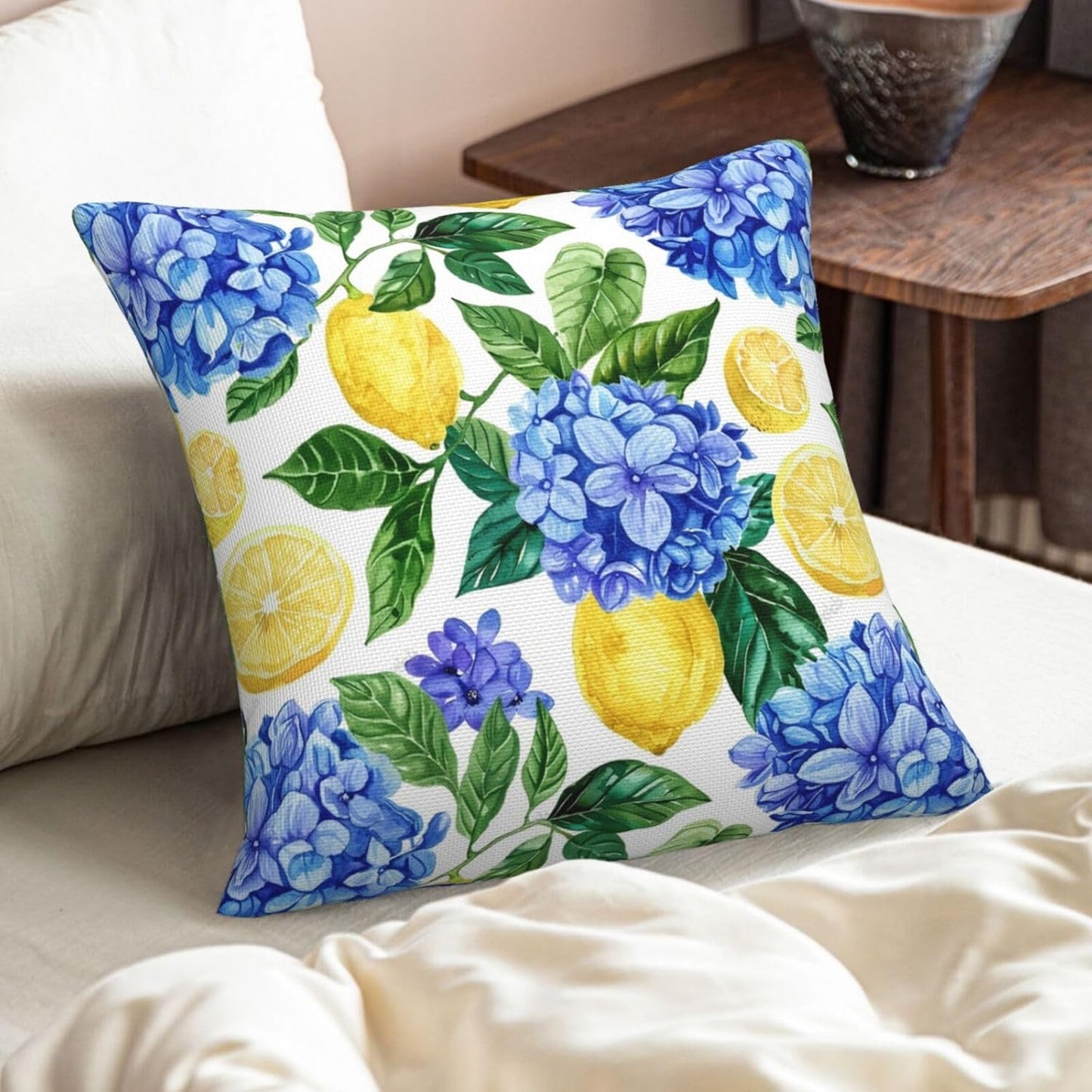 KiuLoam Summer Lemon Hydrangea Pillow Covers 18x18 Set of 2 Blue Yellow Floral Decorative Throw Pillow Covers Outdoor Farmhouse Cushion Cases for Sofa Couch Bed Living Room Decor