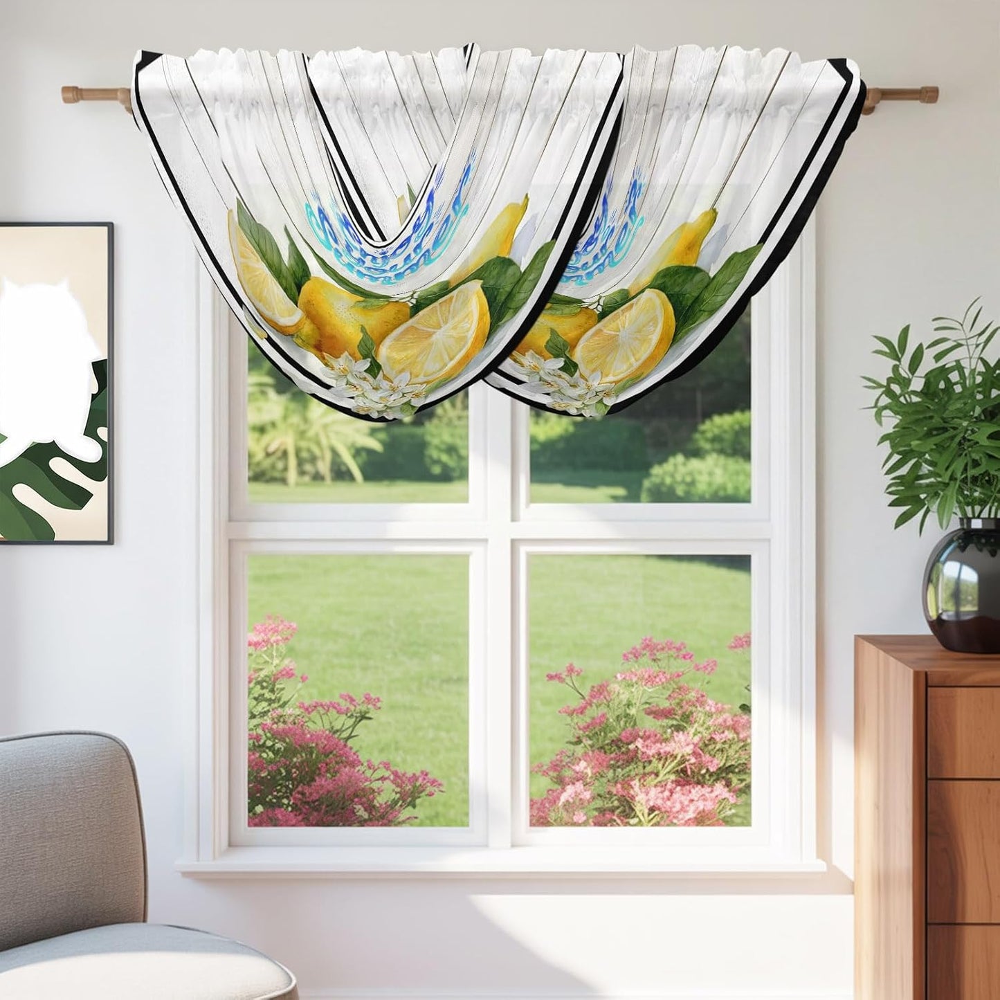 Waterfall Valance Curtain, Summer Lemon Flower Leaf Semi Sheer Kitchen Curtains Luxury Waterfall Valances for Windows, Farmhouse Wood Plank Black White Line Rod Pocket Curtain Valance for Living Room