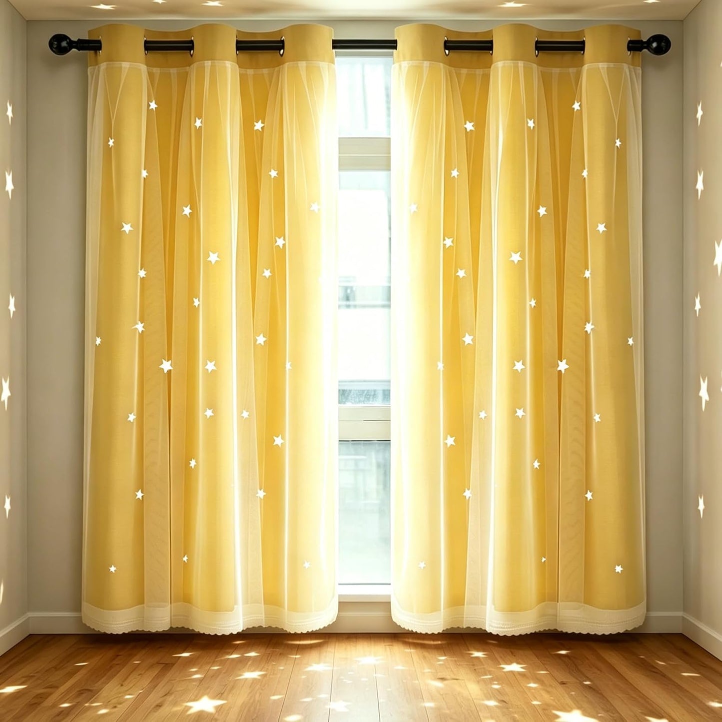 Decorative Star Cut-Out Blackout Curtains 2 Layer Blackout Kids Curtain for Girls Bedroom Noise Reducing Thermal Insulated Drape for Living Room/Classroom 42" W x 72" L Yellow 2 Panels