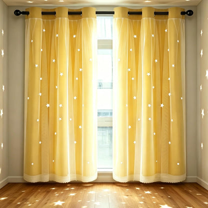 Decorative Star Cut-Out Blackout Curtains 2 Layer Blackout Kids Curtain for Girls Bedroom Noise Reducing Thermal Insulated Drape for Living Room/Classroom 42" W x 72" L Yellow 2 Panels