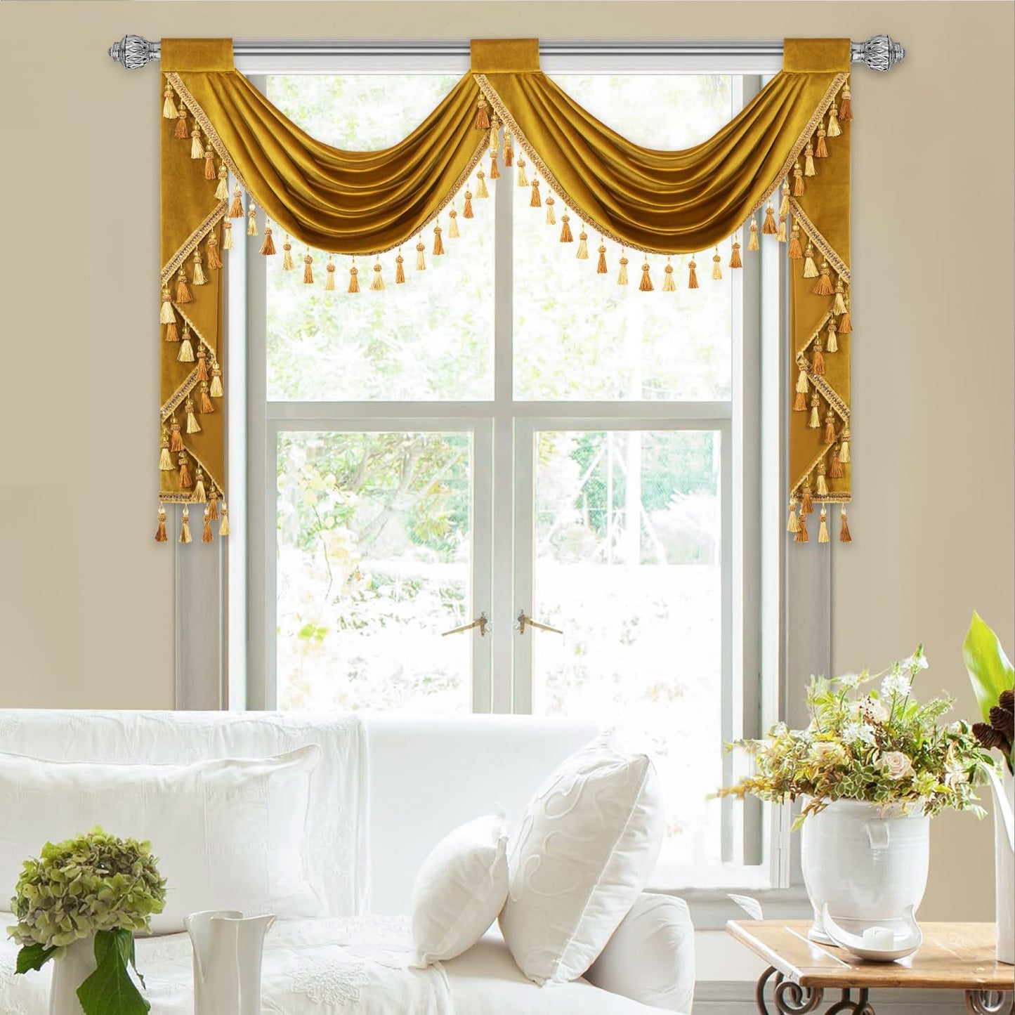 VOGOL Retro Gold Velvet Valances for Bedroom, Thermal Insulated Privacy Waterfall Valance with 2 Swags, Vintage Style Rod Pocket Window Treatments for Living Room, 59 Inches Wide