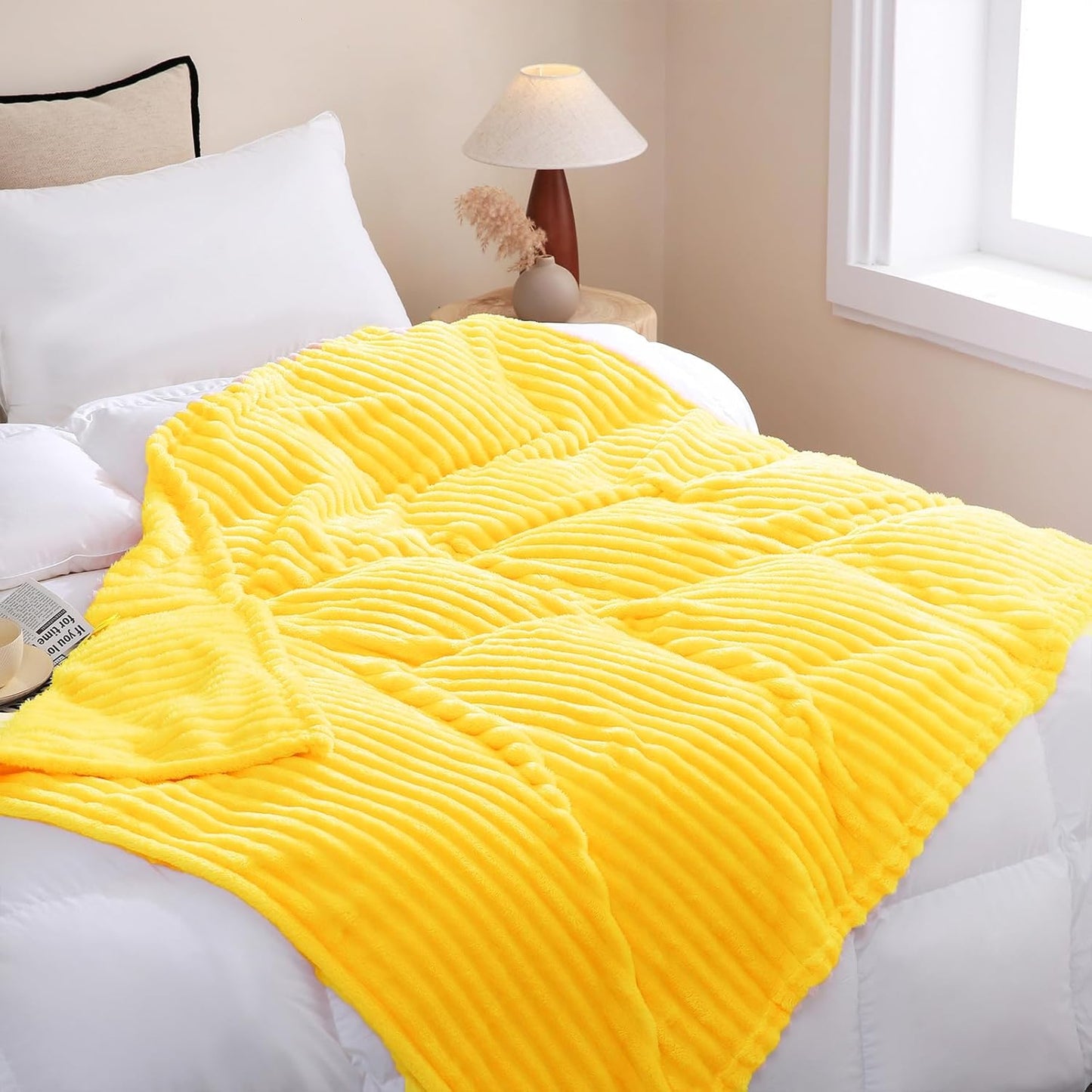 Bright Yellow Fleece Throw Blanket 50”×60” for Couch Sofa Bed,Super Soft Cozy Plush Microfiber Flannel Blanket with Stripes Design Lightweight for Adults,Woman