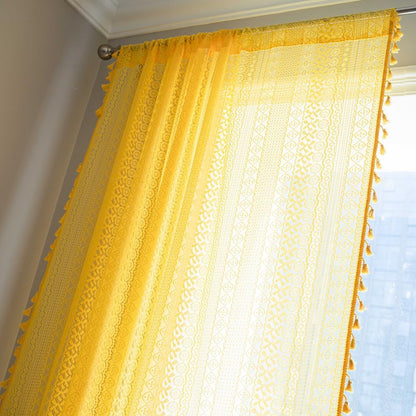 Judy Dre am Boho Hollow Out Curtains 1 Panels,Lace Knitted Curtain with Tassels Rod Pocket Window Treatment Vintage Drapes for Cabinet,Yellow,59" Wx18 L