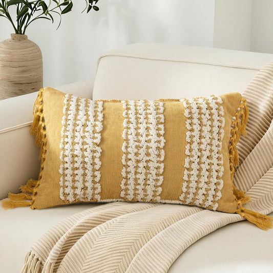 Mustard Yellow Boho Throw Pillow Cover 12x 20, Striped Tufted Neutral Cotton Pillow Cases,Farmhouse Rustic Bedroom Decor for Outdoor Couch Bedroom Car