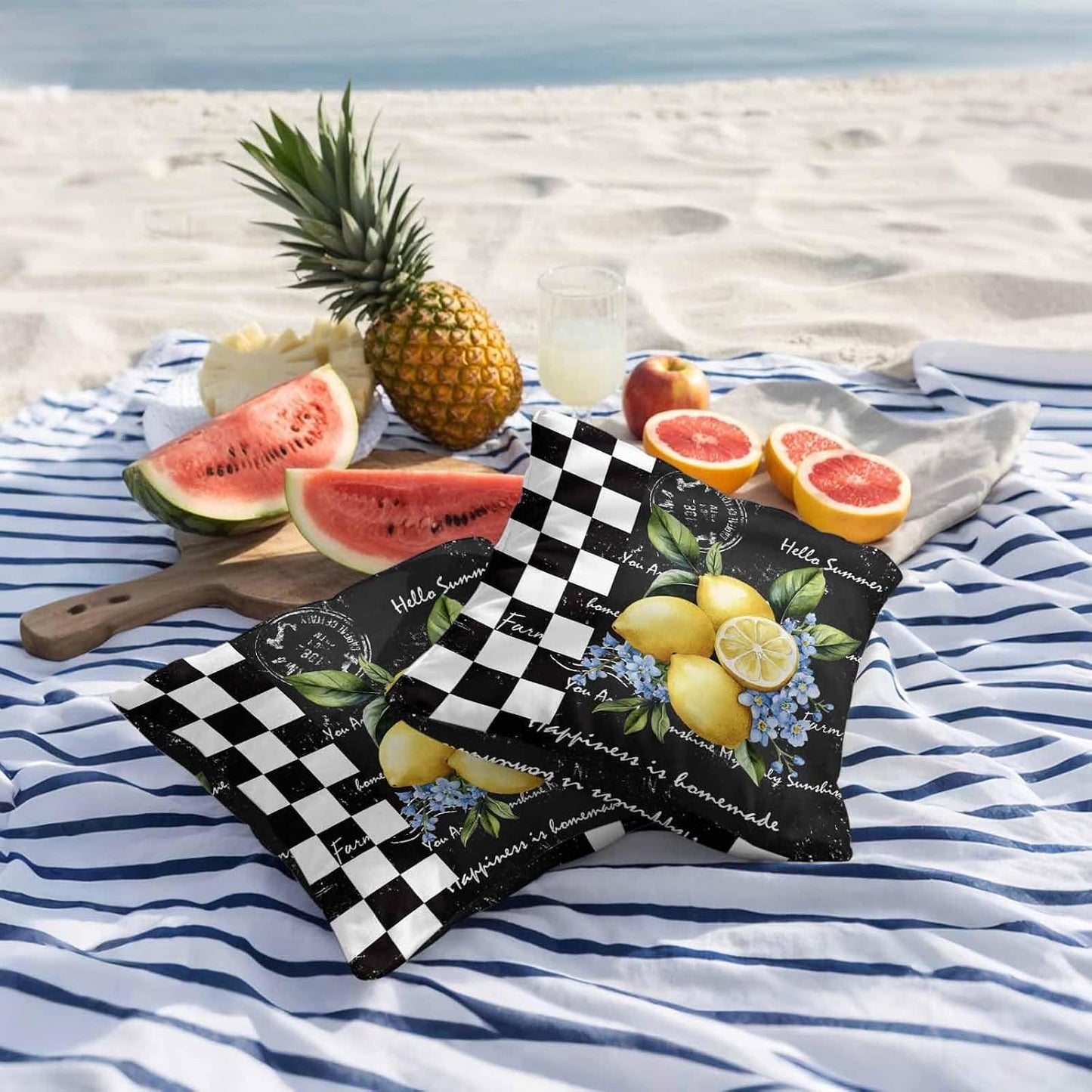 Outdoor Throw Pillow Covers Set of 2 Lemon Blue Flowers Waterproof Decorative Cushion Covers Black White Check Outdoor Pillowcases for Patio Couch Garden Balcony Sofa 16 x 16 Inches