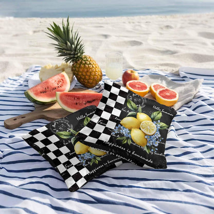 Outdoor Throw Pillow Covers Set of 2 Lemon Blue Flowers Waterproof Decorative Cushion Covers Black White Check Outdoor Pillowcases for Patio Couch Garden Balcony Sofa 16 x 16 Inches