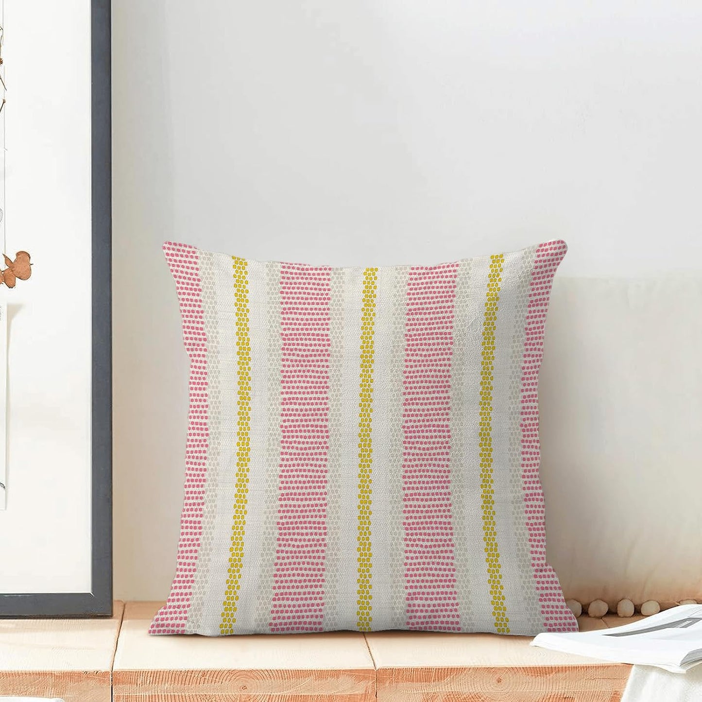 Hot Pink Yellow Summer Outdoor Pillow Covers 18 x 18 Inch,Boho Polka Dots Striped Decor Throw Pillows for Couch Bed,Geometric Modern Farmhouse Decorative Pillowcase Linen Cushion Cover Set of 2