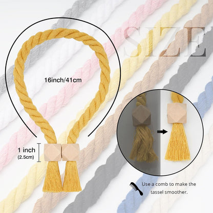 NICEEC 2 Pack Wooden Polyhedron Magnetic Curtain Tiebacks Boho Home Decor Drape Tie Backs Natural Cotton Hand Woven Rope Curtain Holdbacks for Home & Office Window Draperies (Yellow)