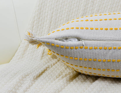 Decorative Farmhouse Fringed Long Lumbar Throw Pillow Cover 12 x 26,Clasic Striped Textured Cotton Boho Decor Long Lumbar Pillow Cover Pillow Case for Sofa Couch Bed,Yellow and Off White