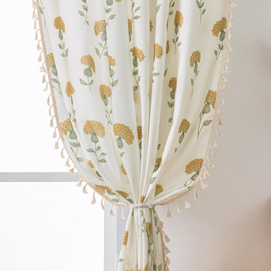 Mustard Yellow Floral Curtains 84 Inch Length for Bedroom Boho Linen Farmhouse Curtains for Living Room Vintage Blossom Patterned Rod Pocket Semi Sheer Window Treatments Drapes 2 Panels