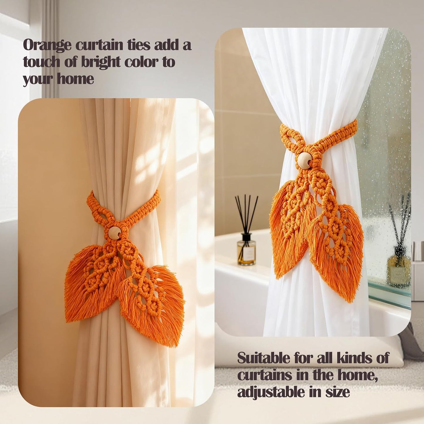 2 PCS Boho Curtain Tiebacks Wooden Bead Curtain Ties Adjustable Hand Knitting Cotton Curtain Holdbacks Woodland Curtain Tie Backs for Drapes Decorative (Yellow)