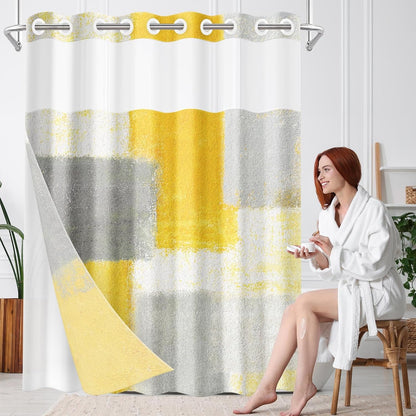 No Hook Abstract Yellow Grey Shower Curtain with Snap in Fabric Liner Set, Contemporary Modern Double Layers Waterproof Fabric with See Through Top Window Open Grommet Bath Curtain 71x74 Inch